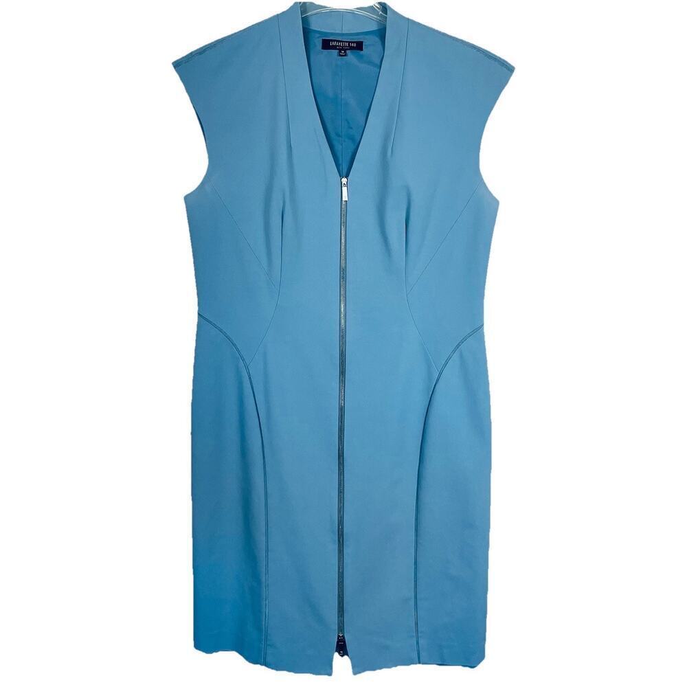 Lafayette 148 Christy Sheath Dress Size 10 Light Blue Designer Minimalist Career